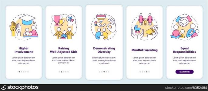 Benefits of same sex parenting onboarding mobile app screen. Walkthrough 5 steps editable graphic instructions with linear concepts. UI, UX, GUI template. Myriad Pro-Bold, Regular fonts used. Benefits of same sex parenting onboarding mobile app screen