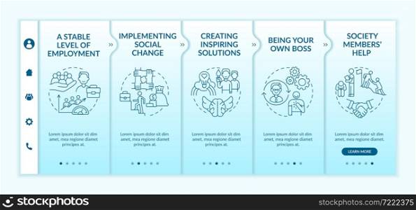 Benefits of social entrepreneurship onboarding vector template. Responsive mobile website with icons. Web page walkthrough 5 step screens. Society changes color concept with linear illustrations. Benefits of social entrepreneurship onboarding vector template