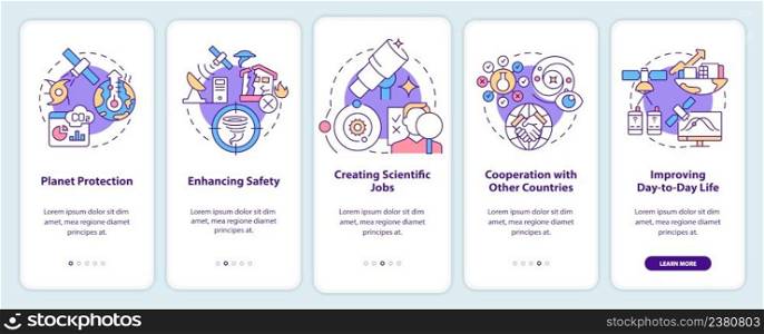 Benefits of space exploration onboarding mobile app screen. Advantages walkthrough 5 steps graphic instructions pages with linear concepts. UI, UX, GUI template. Myriad Pro-Bold, Regular fonts used. Benefits of space exploration onboarding mobile app screen