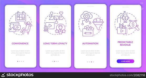 Benefits of subscription purple gradient onboarding mobile app screen. Walkthrough 4 steps graphic instructions pages with linear concepts. UI, UX, GUI template. Myriad Pro-Bold, Regular fonts used. Benefits of subscription purple gradient onboarding mobile app screen