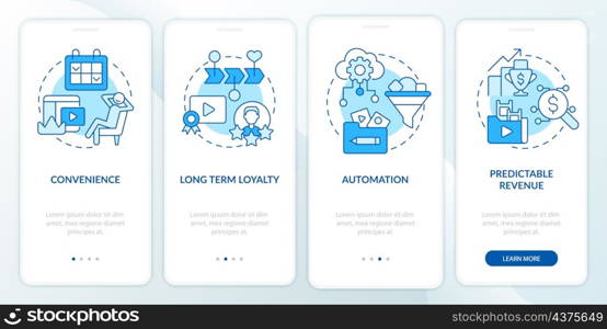 Benefits of subscription services blue onboarding mobile app screen. Walkthrough 4 steps graphic instructions pages with linear concepts. UI, UX, GUI template. Myriad Pro-Bold, Regular fonts used. Benefits of subscription services blue onboarding mobile app screen