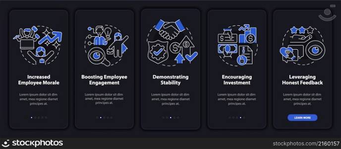 Benefits of transparency night mode onboarding mobile app screen. Profit walkthrough 5 steps graphic instructions pages with linear concepts. UI, UX, GUI template. Myriad Pro-Bold, Regular fonts used. Benefits of transparency night mode onboarding mobile app screen