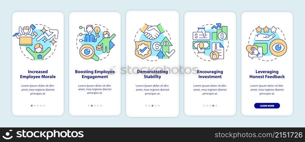 Benefits of transparency onboarding mobile app screen. Business walkthrough 5 steps graphic instructions pages with linear concepts. UI, UX, GUI template. Myriad Pro-Bold, Regular fonts used. Benefits of transparency onboarding mobile app screen
