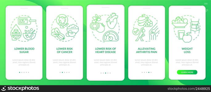 Benefits of vegan diet green gradient onboarding mobile app screen. Walkthrough 5 steps graphic instructions pages with linear concepts. UI, UX, GUI template. Myriad Pro-Bold, Regular fonts used. Benefits of vegan diet green gradient onboarding mobile app screen
