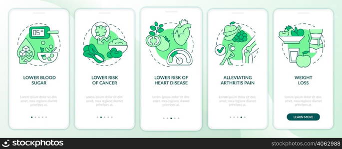Benefits of vegan diet green onboarding mobile app screen. Veganism walkthrough 5 steps graphic instructions pages with linear concepts. UI, UX, GUI template. Myriad Pro-Bold, Regular fonts used. Benefits of vegan diet green onboarding mobile app screen