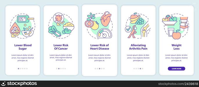 Benefits of vegan diet onboarding mobile app screen. Veganism walkthrough 5 steps graphic instructions pages with linear concepts. UI, UX, GUI template. Myriad Pro-Bold, Regular fonts used. Benefits of vegan diet onboarding mobile app screen