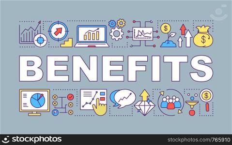 Benefits word concepts banner. Business development strategy. Profit growth. Presentation, website. Startup. Isolated lettering typography idea with linear icons. Vector outline illustration. Benefits word concepts banner