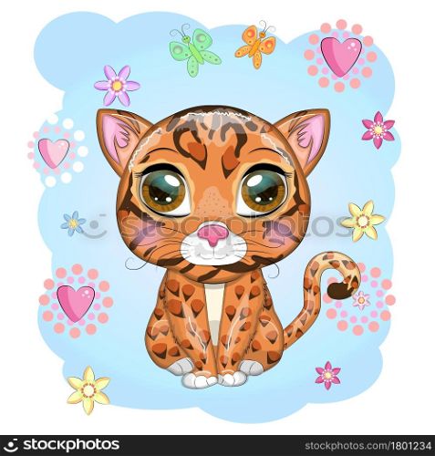 Bengal cat with beautiful eyes in cartoon style, hybrid, colorful illustration for children. Bengal cat with characteristic spots and colors. Bengal cat with beautiful eyes in cartoon style, hybrid, colorful illustration for children