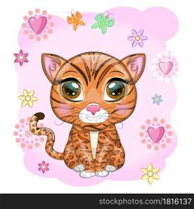 Bengal cat with beautiful eyes in cartoon style, hybrid, colorful illustration for children. Bengal cat with characteristic spots and colors. Bengal cat with beautiful eyes in cartoon style, hybrid, colorful illustration for children