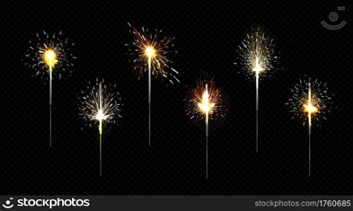 Bengal fire set, sparkler lights for Christmas, birthday party or New Year celebration isolated on transparent background. Vector realistic 3d illustration of burning firework on stick with sparkles. Bengal fire set, sparkler lights for party
