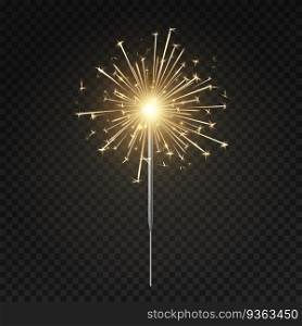 Bengal light. Burning sparkler, christmas, new year and happy birthday sparkling candle, firework isolated vector symbol brightness golden lighting illustration. Bengal light. Burning sparkler, christmas, new year and happy birthday sparkling candle, firework isolated vector illustration