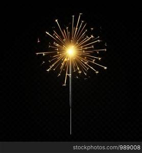 Bengal light. Burning sparkler, christmas, new year and happy birthday sparkling candle, firework isolated vector symbol brightness golden lighting illustration. Bengal light. Burning sparkler, christmas, new year and happy birthday sparkling candle, firework isolated vector illustration