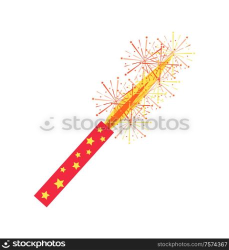 Bengal light holiday celebration vector, party decoration isolated icon. Firework with holder and flames, closeup of sparkler with shining sparkles. Bengal Light Holiday Celebration, Party Decoration