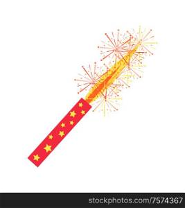 Bengal light holiday celebration vector, party decoration isolated icon. Firework with holder and flames, closeup of sparkler with shining sparkles. Bengal Light Holiday Celebration, Party Decoration