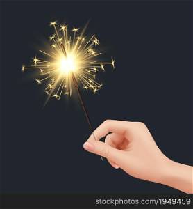 Bengal light in hand. Xmas celebration fireworks birthday glow sparks decent vector realistic template. Fire bengal to birthday burning, sparkler christmas illustration. Bengal light in hand. Xmas celebration fireworks birthday glow sparks decent vector realistic template