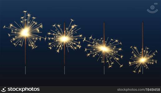 Bengal lights. Celebration birthday glow elements fire sparkler decent vector realistic illustrations. Storyboard sparkler to holiday, night glow. Bengal lights. Celebration birthday glow elements fire sparkler decent vector realistic illustrations