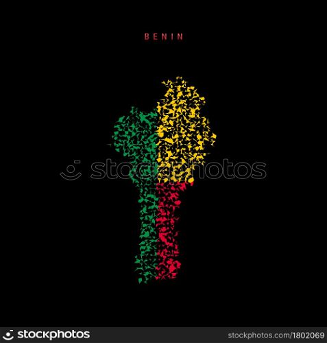 Benin flag map, chaotic particles pattern in the colors of the Dahomey flag. Vector illustration isolated on black background.. Benin flag map, chaotic particles pattern in the Dahomey flag colors. Vector illustration