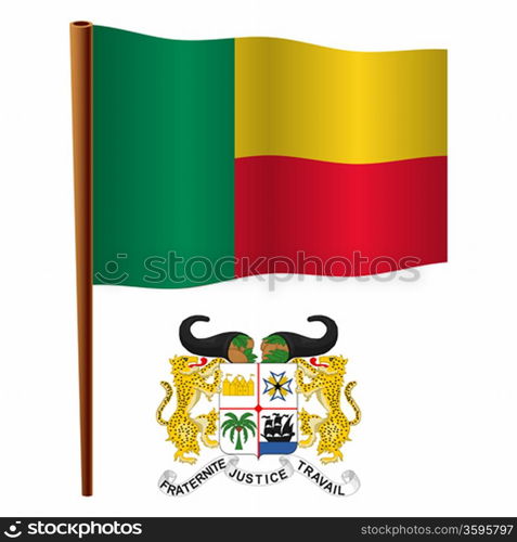 benin wavy flag and coat of arms against white background, vector art illustration, image contains transparency