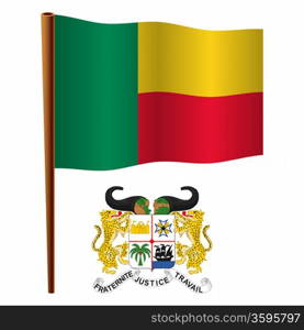 benin wavy flag and coat of arms against white background, vector art illustration, image contains transparency