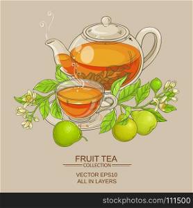 bergamot tea vector illustration. bergamot tea in teapot and cup of tea on color background
