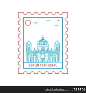 BERLIN CATHEDRAL postage stamp Blue and red Line Style, vector illustration