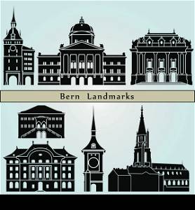 Bern landmarks and monuments isolated on blue background in editable vector file