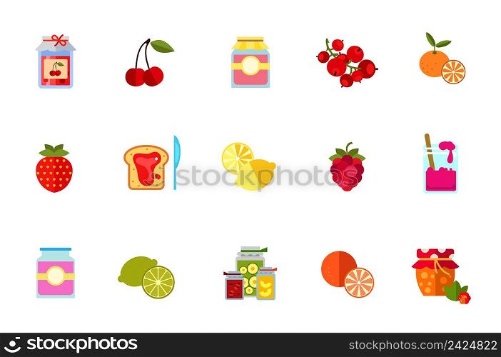 Berries and fruits icon set. Jam Jar With Paper Cherry Jam Jar With Label Red Currant Bunch Tangerine Strawberry Jam On Bread And Knife Lemon Raspberry Lime Orange Cloudberry Jam