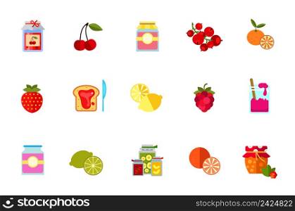 Berries and fruits icon set. Jam Jar With Paper Cherry Jam Jar With Label Red Currant Bunch Tangerine Strawberry Jam On Bread And Knife Lemon Raspberry Lime Orange Cloudberry Jam