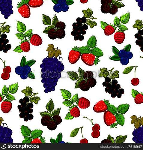 Berries and fruits seamless background. Wallpaper with vector pattern of strawberry, blackberry, blueberry, cherry, raspberry, black currant, grape. Berries and fruits seamless background