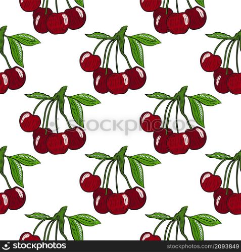 Berries cherry seamless pattern vector illustration. Background with sakura berries. Red sweet cherries on branch with leaves template for fabric and packed