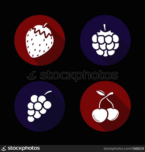 Berries flat design long shadow icons set. Strawberry, raspberry, bunch of grapes, two cherries. Vector symbols. Berries flat design long shadow icons set