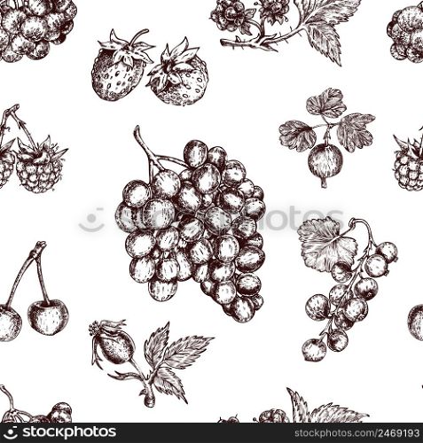 Berries hand drawn seamless pattern with black currant wild strawberry cherry and bunch of grapes vector illustration. Berries Hand Drawn Seamless Pattern