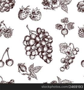 Berries hand drawn seamless pattern with black currant wild strawberry cherry and bunch of grapes vector illustration. Berries Hand Drawn Seamless Pattern