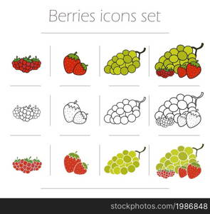 Berries icons set. Healthy fresh die food symbols. Raspberries, strawberries and bunch of grapes vector illustration isolated on white. Berries icons set