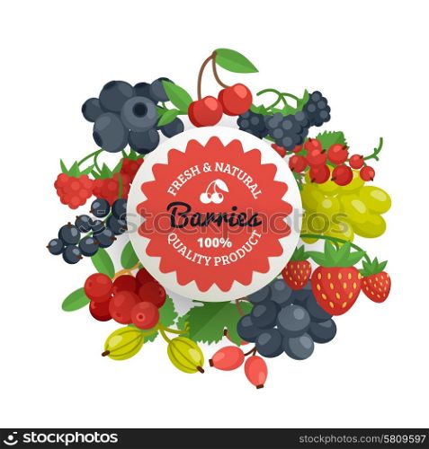 Berries Quality Flat Emblem. Fresh natural and quality tagline on the garden berries in bunches with leaves flat color emblem vector illustration