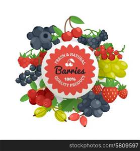 Berries Quality Flat Emblem. Fresh natural and quality tagline on the garden berries in bunches with leaves flat color emblem vector illustration