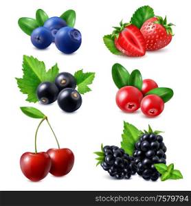 Berries realistic set of strawberry bilberry cowberry blackberry currant cherry isolated vector illustration