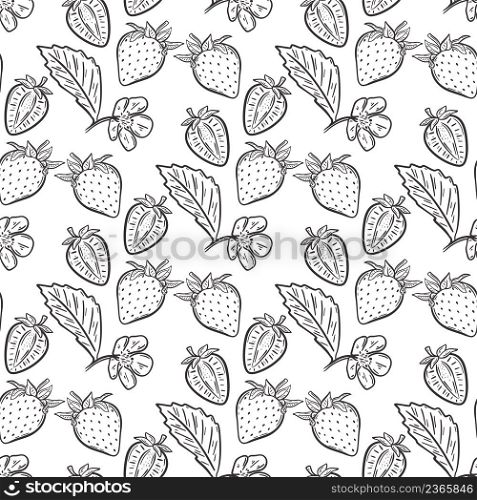 Berries strawberry flowers and leaves seamless pattern. Berry background black hand engraving. Template with organic healthy food for paper, packaging and design vector illustration. Berries strawberry flowers and leaves seamless pattern