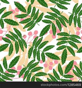 Berry and branch seamless pattern. Autumn leaves floral wallpaper. Design for fabric, textile print, wrapping paper, fashion textiles, surface textures. Botanical vector illustration. Berry and branch seamless pattern. Autumn leaves floral wallpaper.