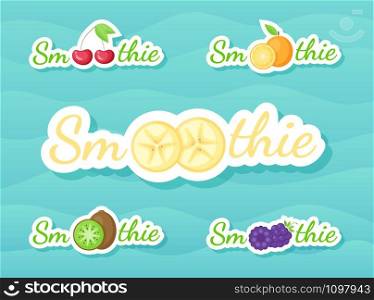 Berry and fruit smoothie drink sticker set vector illustration. Natural fruit with Smoothie sign in white frame at Fresh smoothies cocktail sticker for offer drawing sign or store promotion art. Berry and fruit smoothie shake drink sticker set