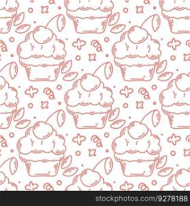 Berry cupcake seamless doodle pattern. Background pink sketch cherry pie. Sweet pastry print, vector illustration. Berry cupcake seamless doodle pattern