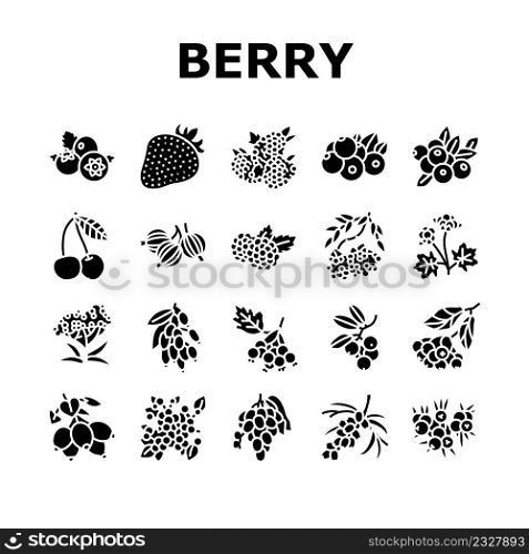 Berry Delicious And Vitamin Food Icons Set Vector. Huckleberry And Buckthorn Plant Branch, Juniper Raspberry, Cloudberry Cherry Berry, Juicy Gooseberry Blueberry Glyph Pictograms Black Illustrations. Berry Delicious And Vitamin Food Icons Set Vector