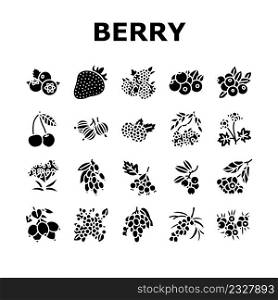 Berry Delicious And Vitamin Food Icons Set Vector. Huckleberry And Buckthorn Plant Branch, Juniper Raspberry, Cloudberry Cherry Berry, Juicy Gooseberry Blueberry Glyph Pictograms Black Illustrations. Berry Delicious And Vitamin Food Icons Set Vector