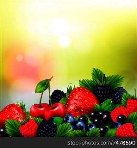 Berry fruit realistic blurred background with pile of berries and ripe leaves with bright lens flares vector illustration