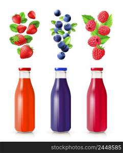 Berry juice realistic set with bottles and berries isolated vector illustration. Berry Juice Realistic Set