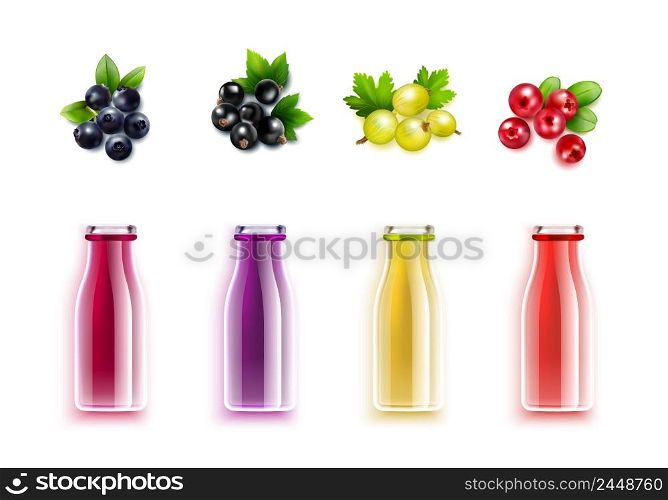 Berry juice realistic set with colored bottles and brushes of blueberry cranberry gooseberry and black currant vector illustration. Berry Juice Realistic Set