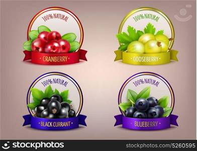 Berry Labels Realistic Eco Collection. Berry labels realistic eco collection with branches of gooseberry cranberry blueberry and black currant isolated vector illustration