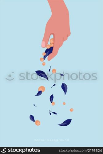 Berry leaf falling from hand. Deprivation or loss concept. Contemporary bright vector floral poster cover or banner with bright hand and leaves. Impairment and deprived, exhaustion mental illustration. Berry leaf falling from hand. Deprivation or loss concept. Contemporary bright vector floral poster cover or banner with bright hand and leaves