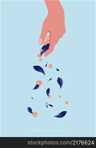 Berry leaf falling from hand. Deprivation or loss concept. Contemporary bright vector floral poster cover or banner with bright hand and leaves. Impairment and deprived, exhaustion mental illustration. Berry leaf falling from hand. Deprivation or loss concept. Contemporary bright vector floral poster cover or banner with bright hand and leaves