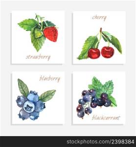 Berry paper cards with watercolor strawberry cherry blueberry and black currant isolated vector illustration. Berry Paper Cards